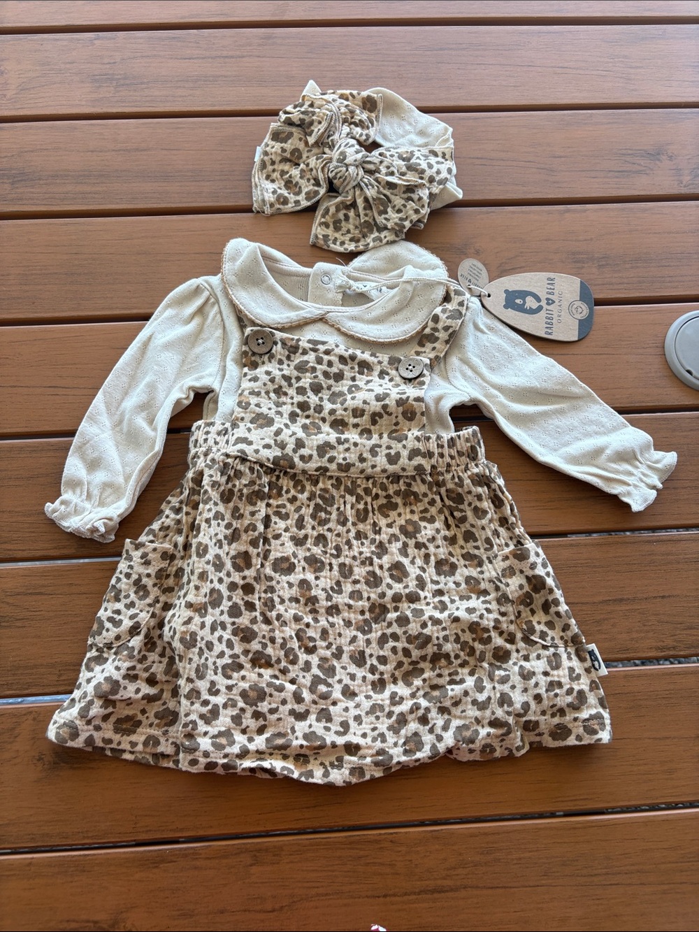NWT Rabbit Bear Organic Cotton Girls Beige Leopard Pinafore Dress & Headband